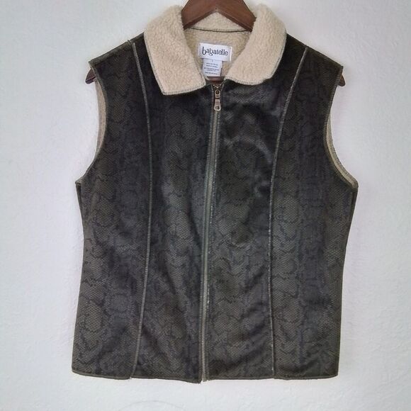 VTG Bagatelle Womens Sherpa Vest Sz L Green Black Reptile Fleece Jacket Full Zip - Picture 1 of 12